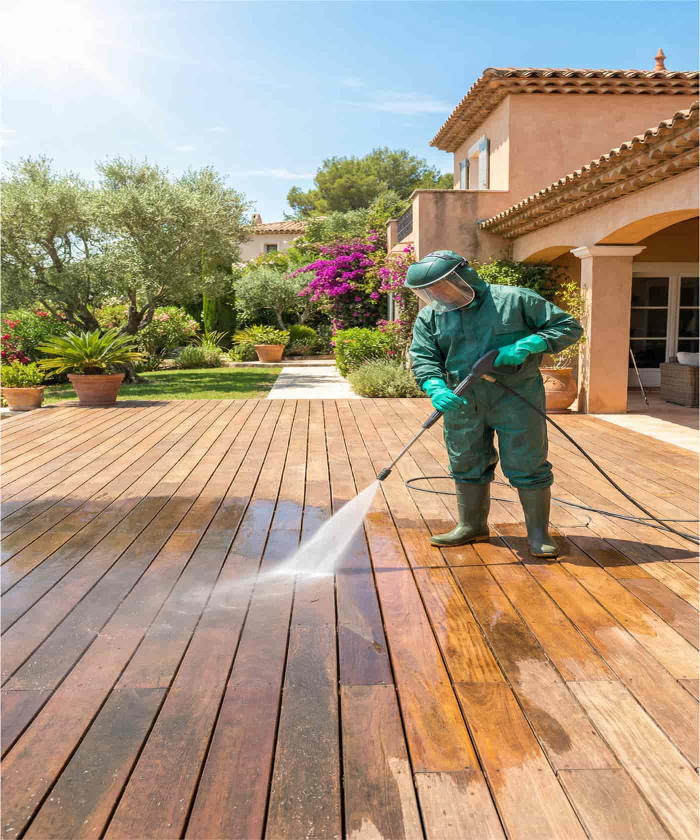 Primer plano aplicando lasur o barniz con brocha en una viga de madera con guantes.